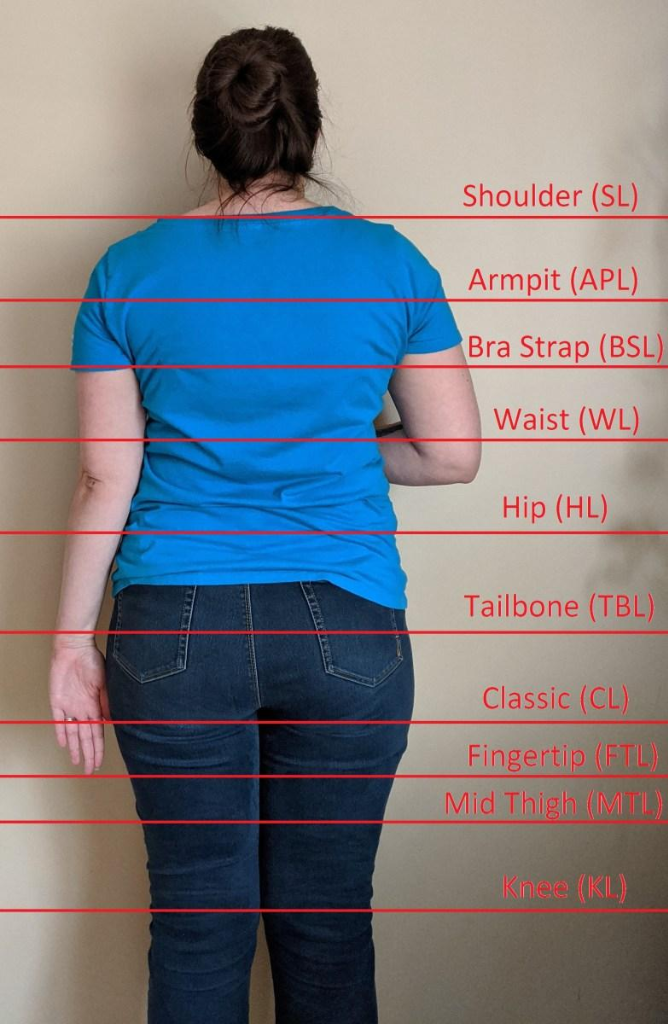 Real woman photographic hair length body landmark lines from shoulder to knee
